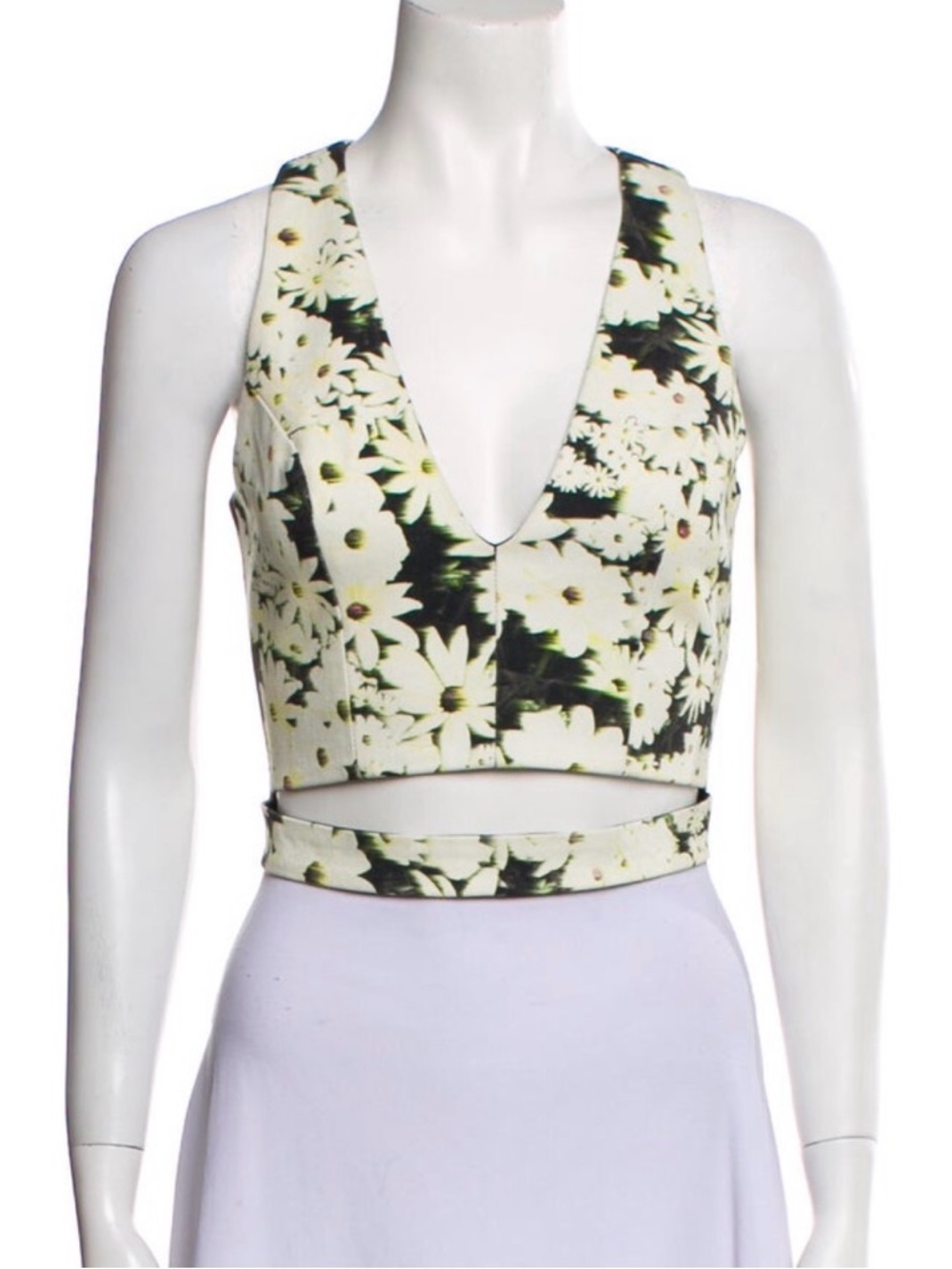 Nicholas Daisy Print V-Neck Cropped Tank Top - White/Green size 4, cut out detai